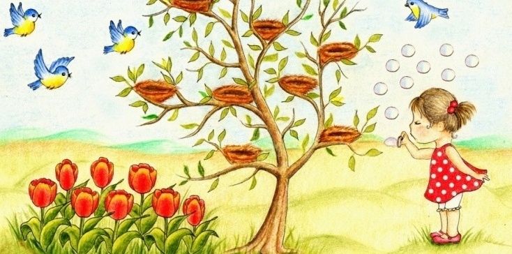 Drzewo, ptaki i dziewczynka. Gałęzie rosną zgodnie z ciągiem Fibonacciego