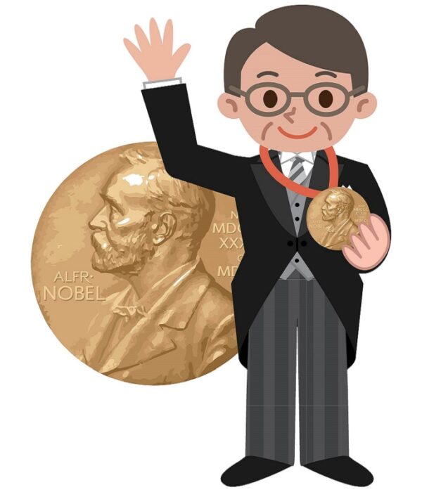 Rysunek laureata Nagrody Nobla trzymającego order