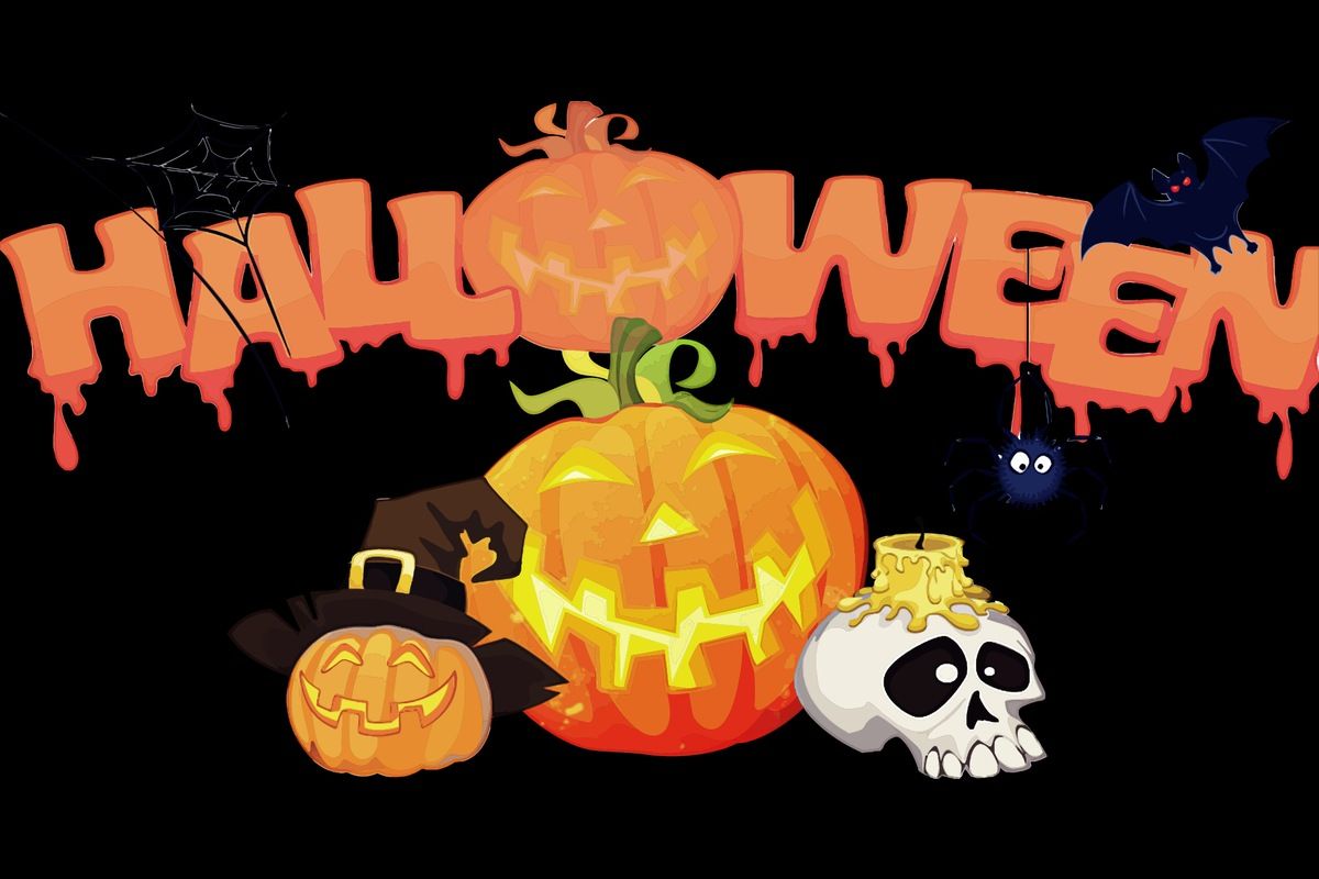 Halloween - lampion z dyni, czaszka, pająk i nietoperz