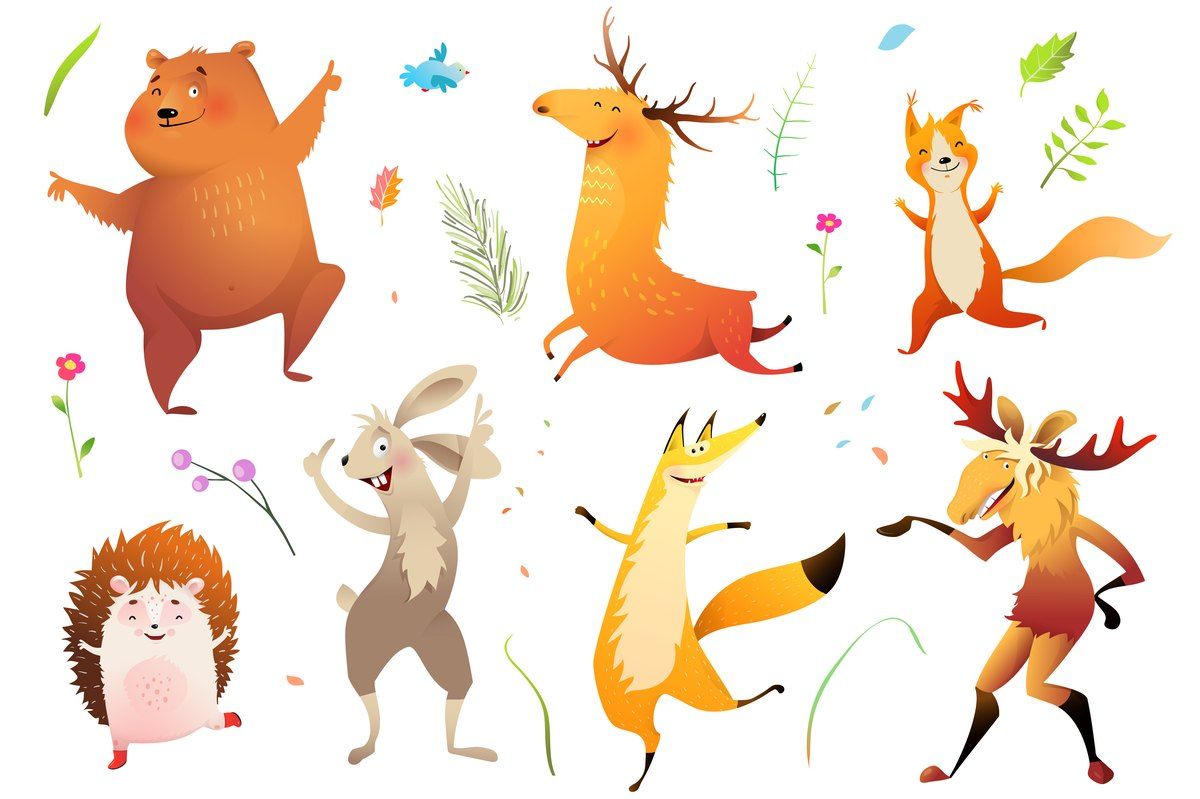 Niedźwiedź, jeleń, lis, wiewiórka, zając i inne zwierzęta leśne. Rysunek
