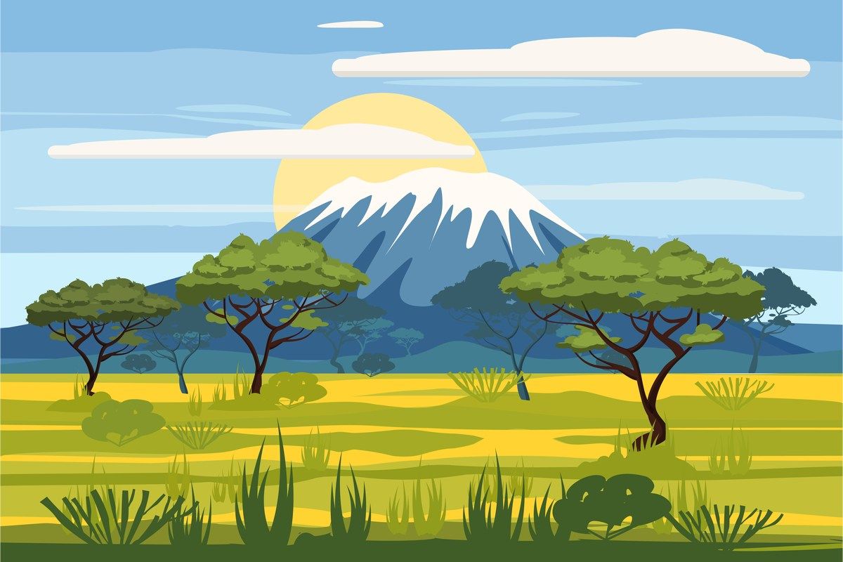 Krajobraz sawanny - roślinność, wulkan, słońce