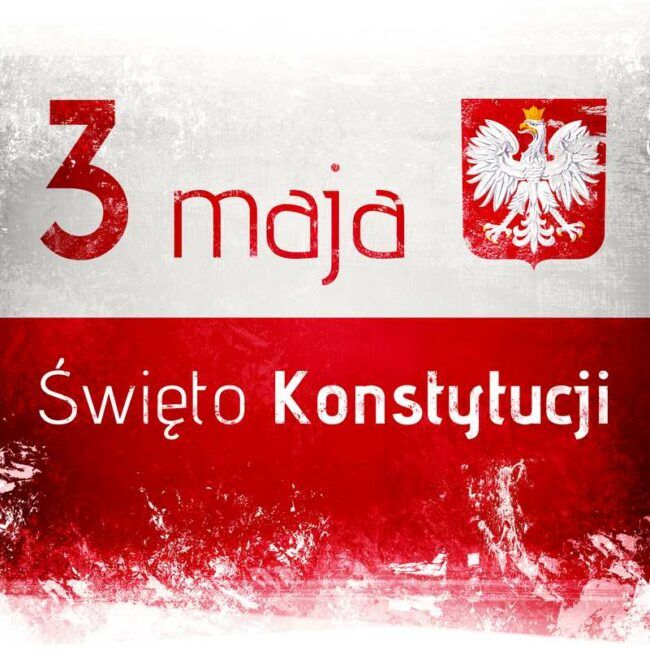 Flaga biało-czerwona z napisem: 3 maja - Święto Konstytucji