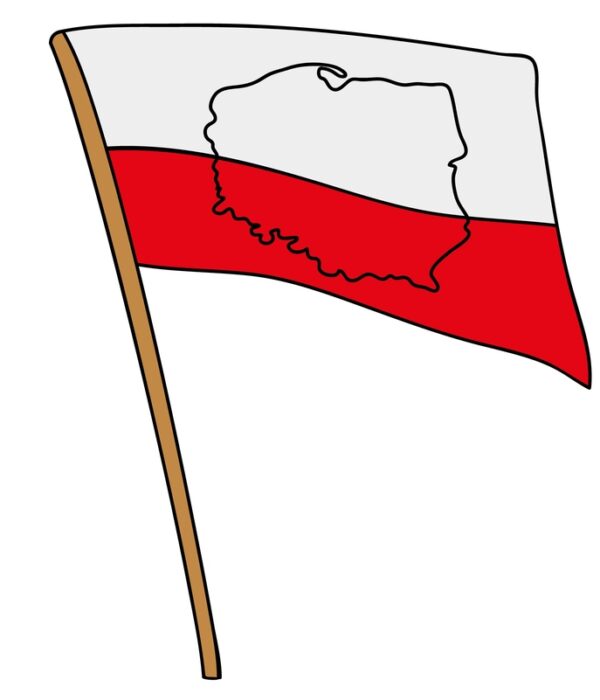 Biało-czerwona flaga z narysowanymi konturami Polski