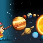 dziewczynka oglądająca planetę Jowisz w układzie słonecznym