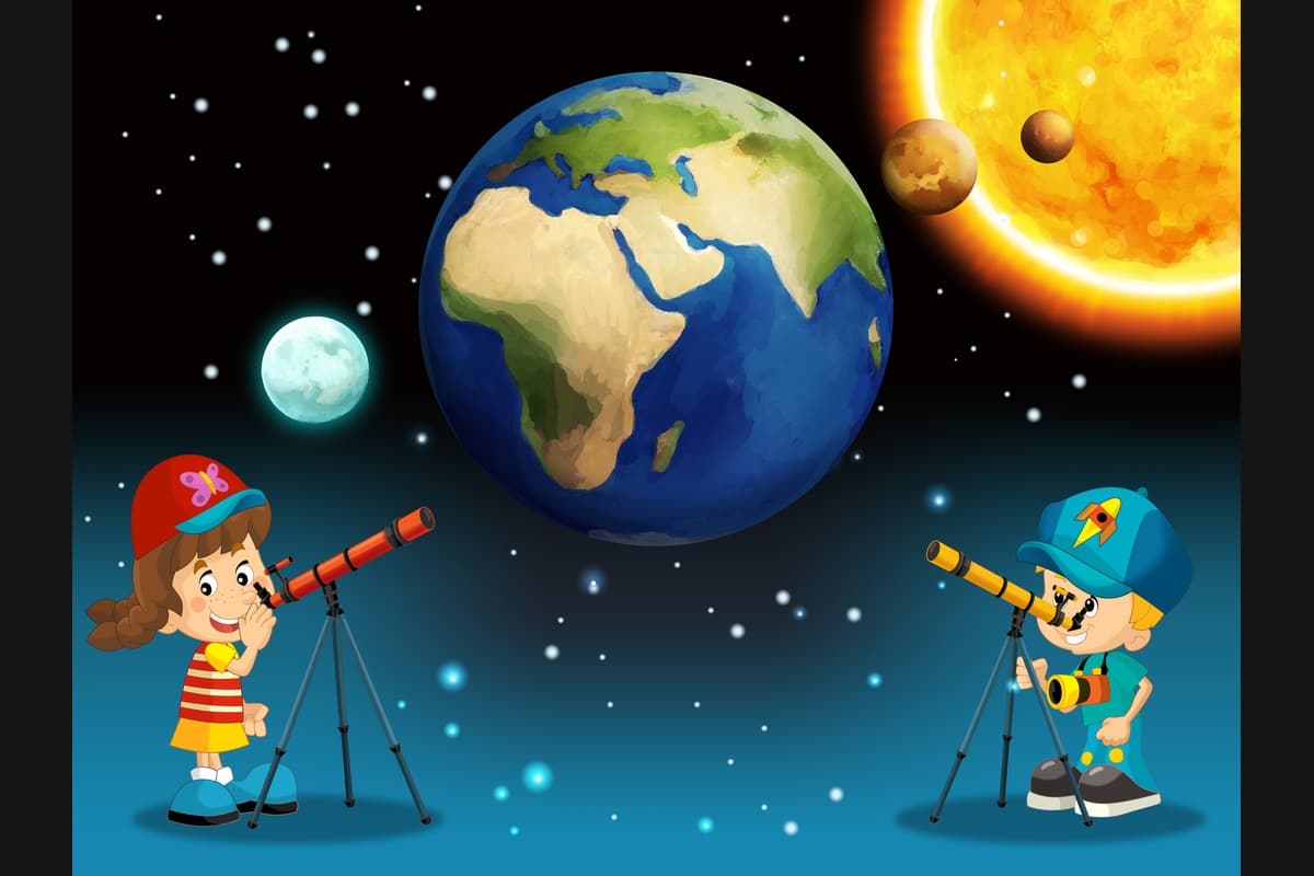 Planeta Ziemia i dzieci obserwujące ją przez teleskop