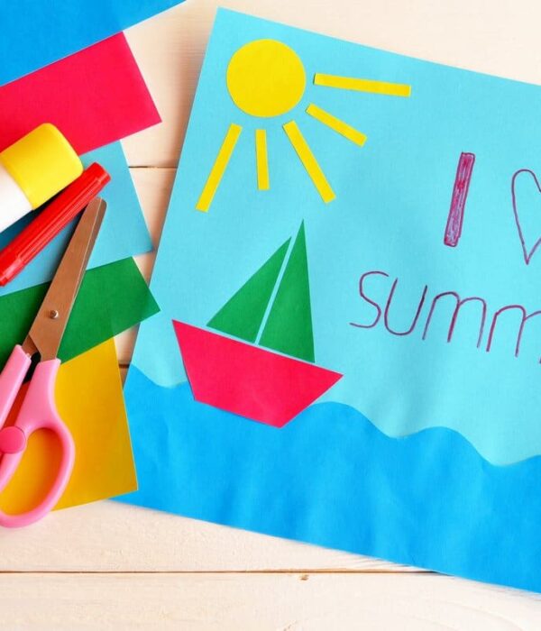 praca plastyczna - lato, jezioro, żaglówka z napisem I love Summer