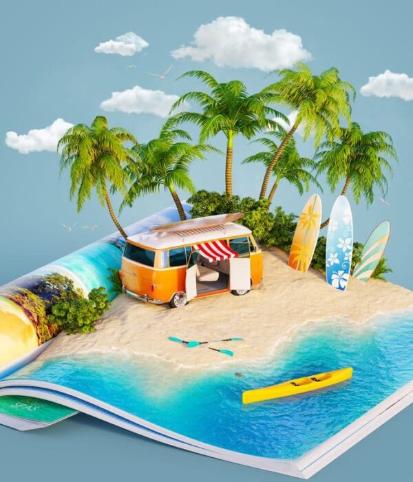 Otwarta książka a w niej wakacyjny obraz plaży z palmami, campera i morza