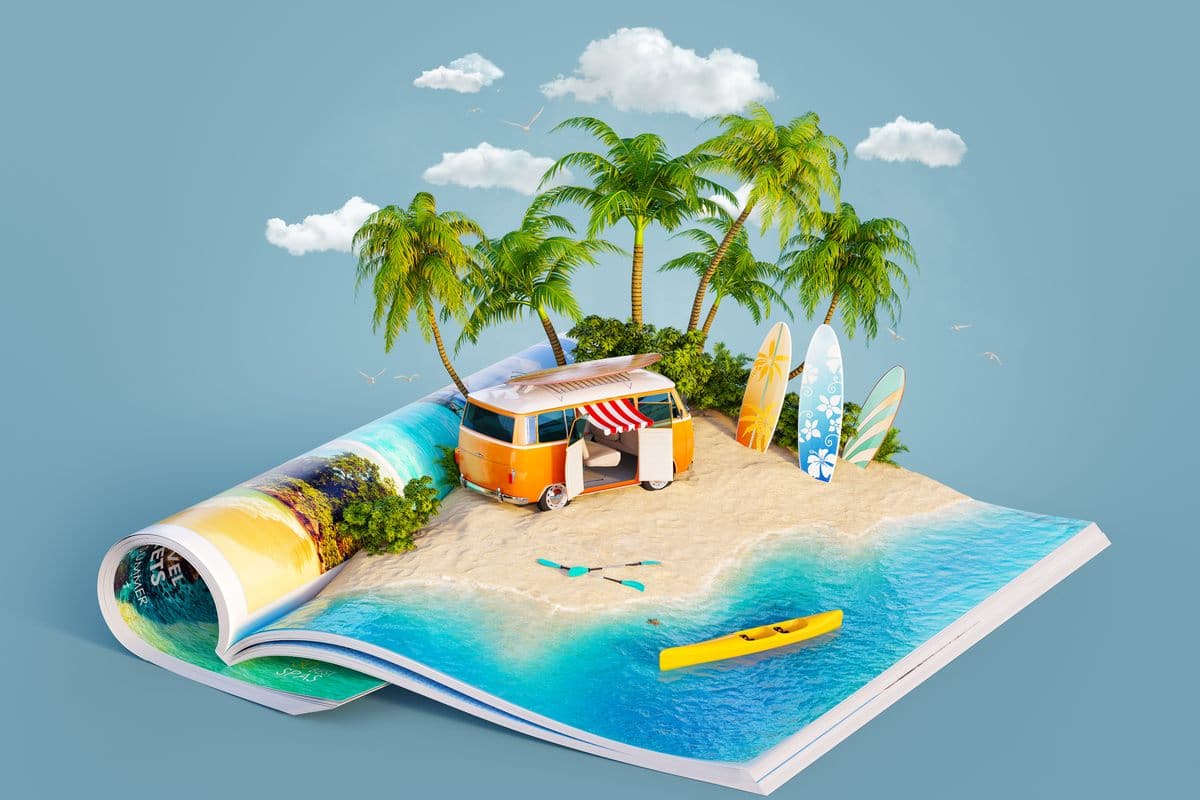 Otwarta książka a w niej wakacyjny obraz plaży z palmami, campera i morza