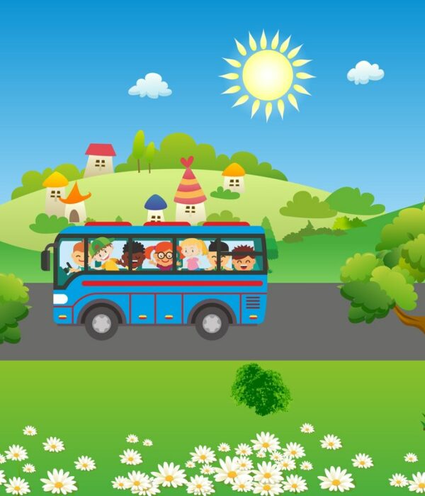 wakacyjny obrazek - autobus z dziećmi jedzie drogą wśród wzgórz