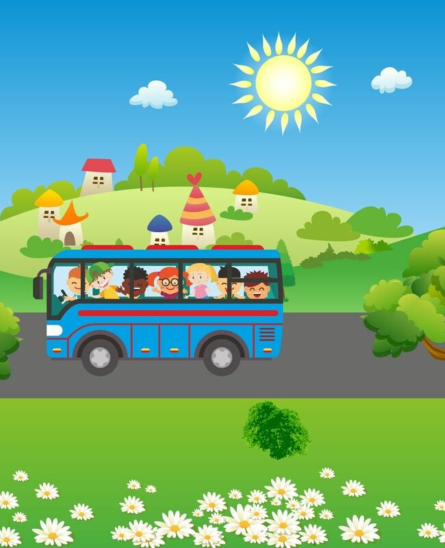 wakacyjny obrazek - autobus z dziećmi jedzie drogą wśród wzgórz