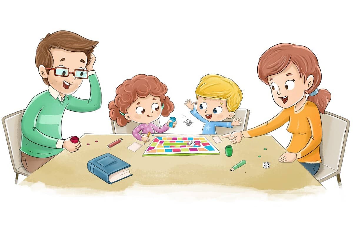 Rodzina: mama, tata i dzieci grają w planszówkę