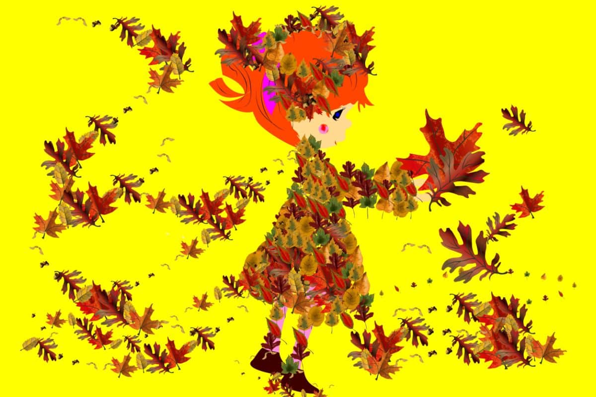 Pani Jesień w sukience z liści na żółtej kartce
