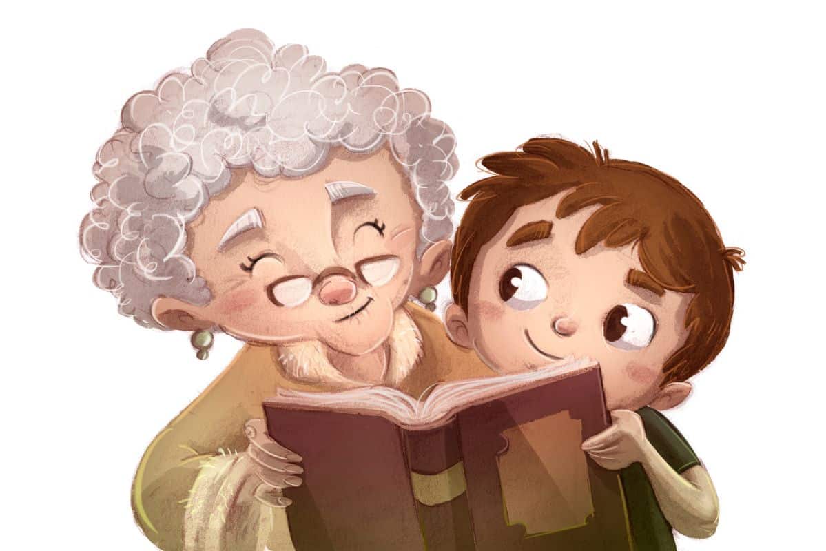 Dziecko i babcia czytają razem książkę