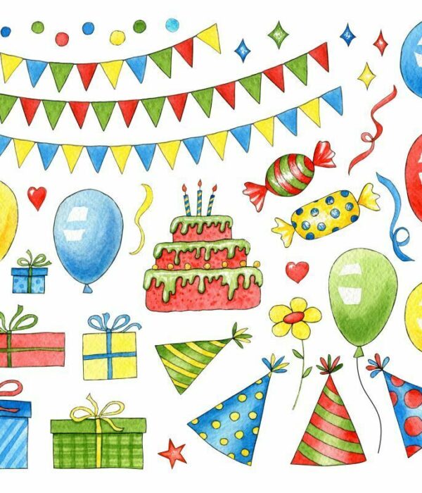 Ozdoby na zabawę urodzinową: balony, czapeczki, girlandy, tort