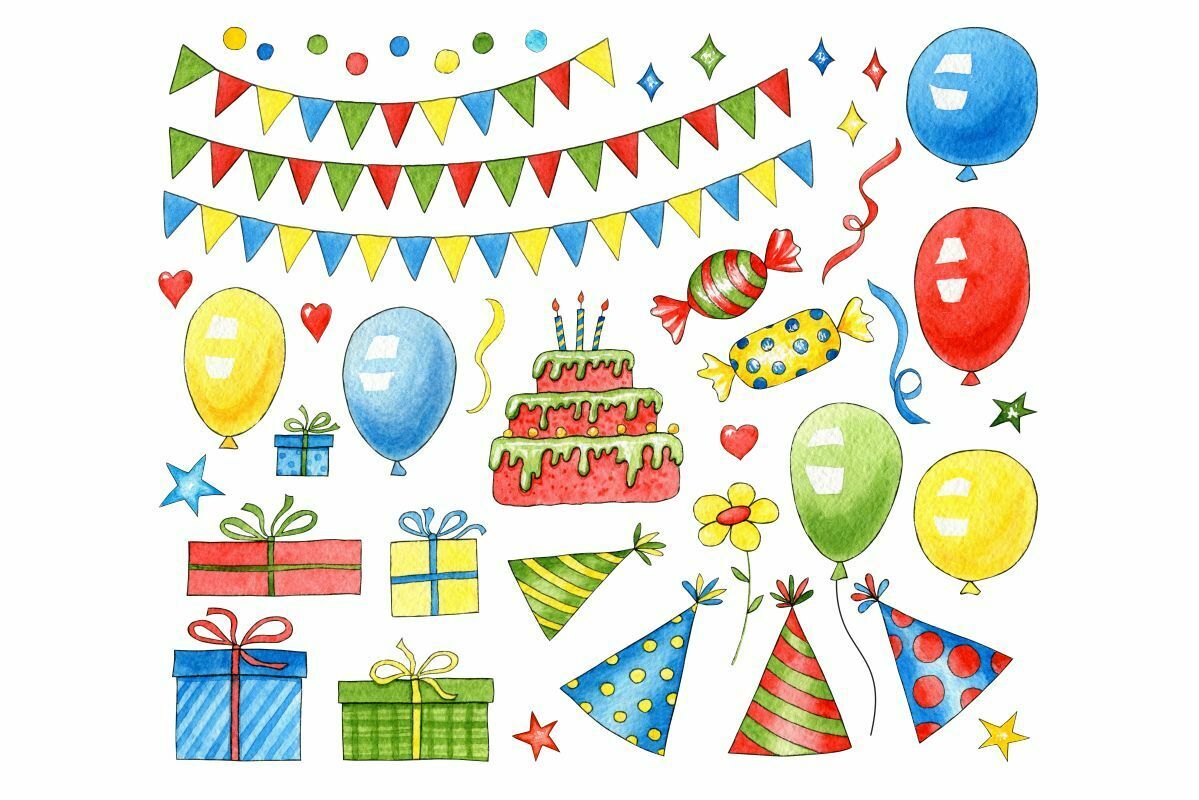 Ozdoby na zabawę urodzinową: balony, czapeczki, girlandy, tort