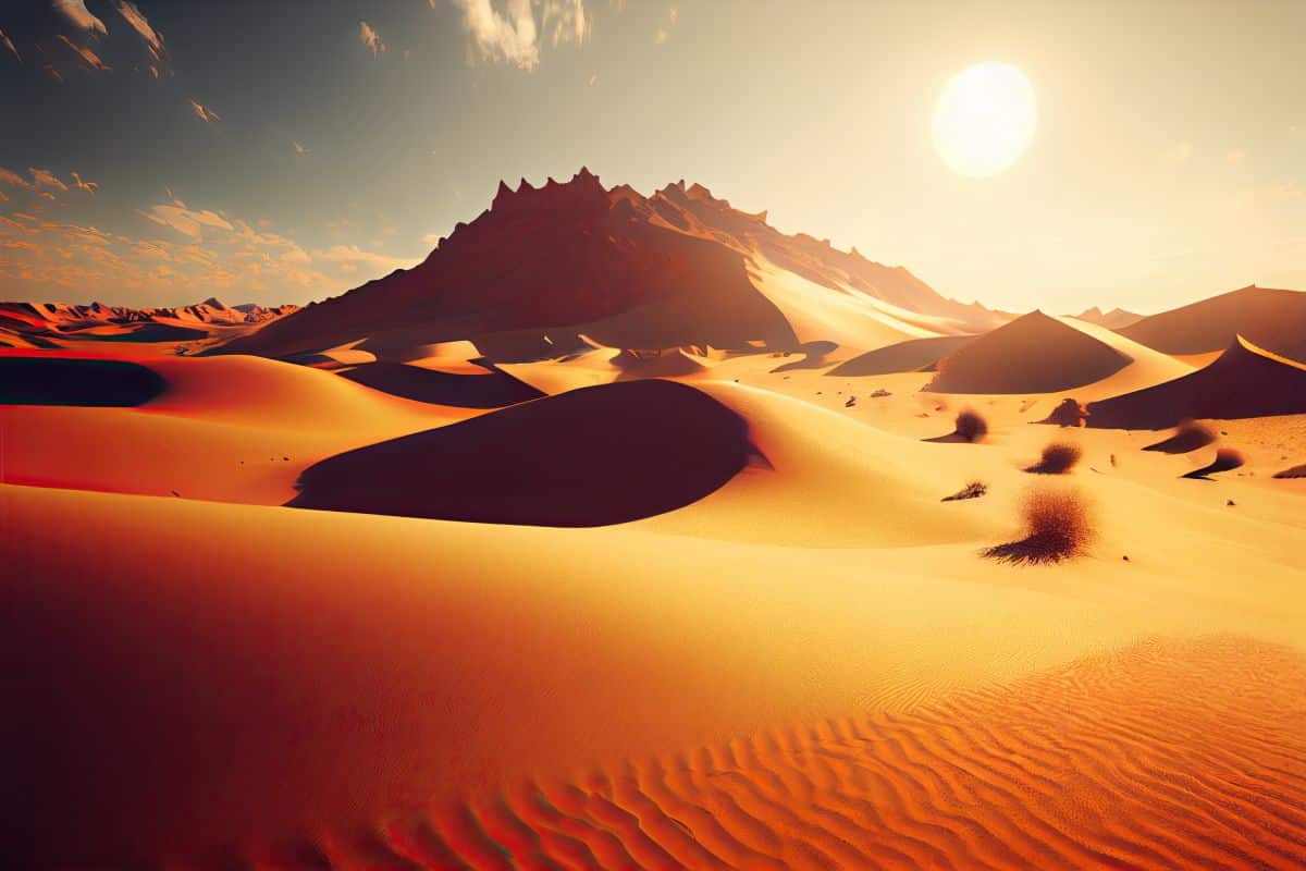 pustynia piaszczysta i skalista. Zachód słońca na pustyni